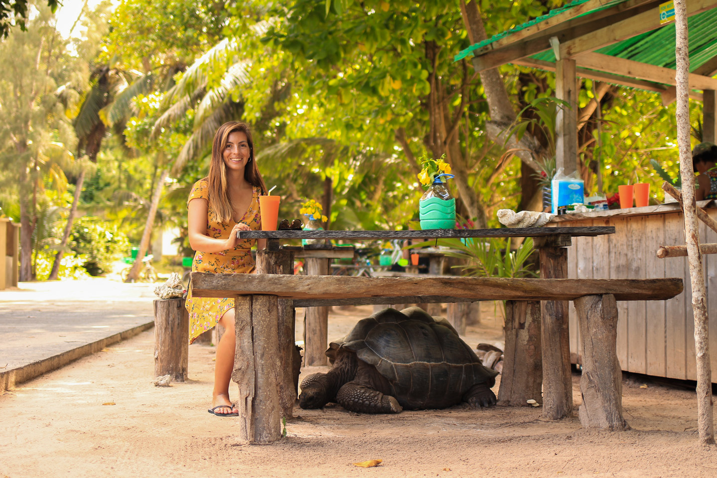 Carla y la tortuga, en un puesto de jugo en La Digue, Seychelles